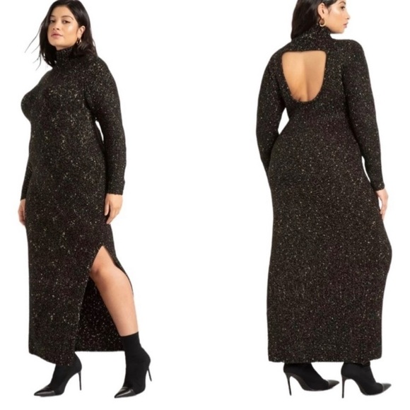 NWT Eloquii Knit Metallic Gold Threading Turtleneck Maxi Sweater Dress - Picture 1 of 16